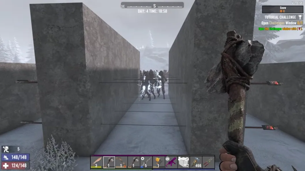 7 Days to Die aimbot view down a zombie-filled corridor