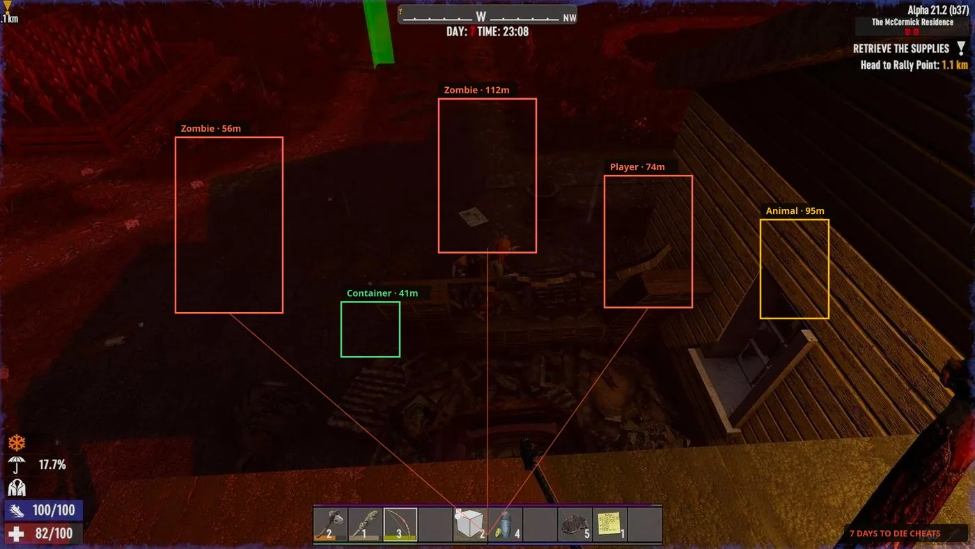 7 Days to Die cheats overlay during a Blood Moon horde