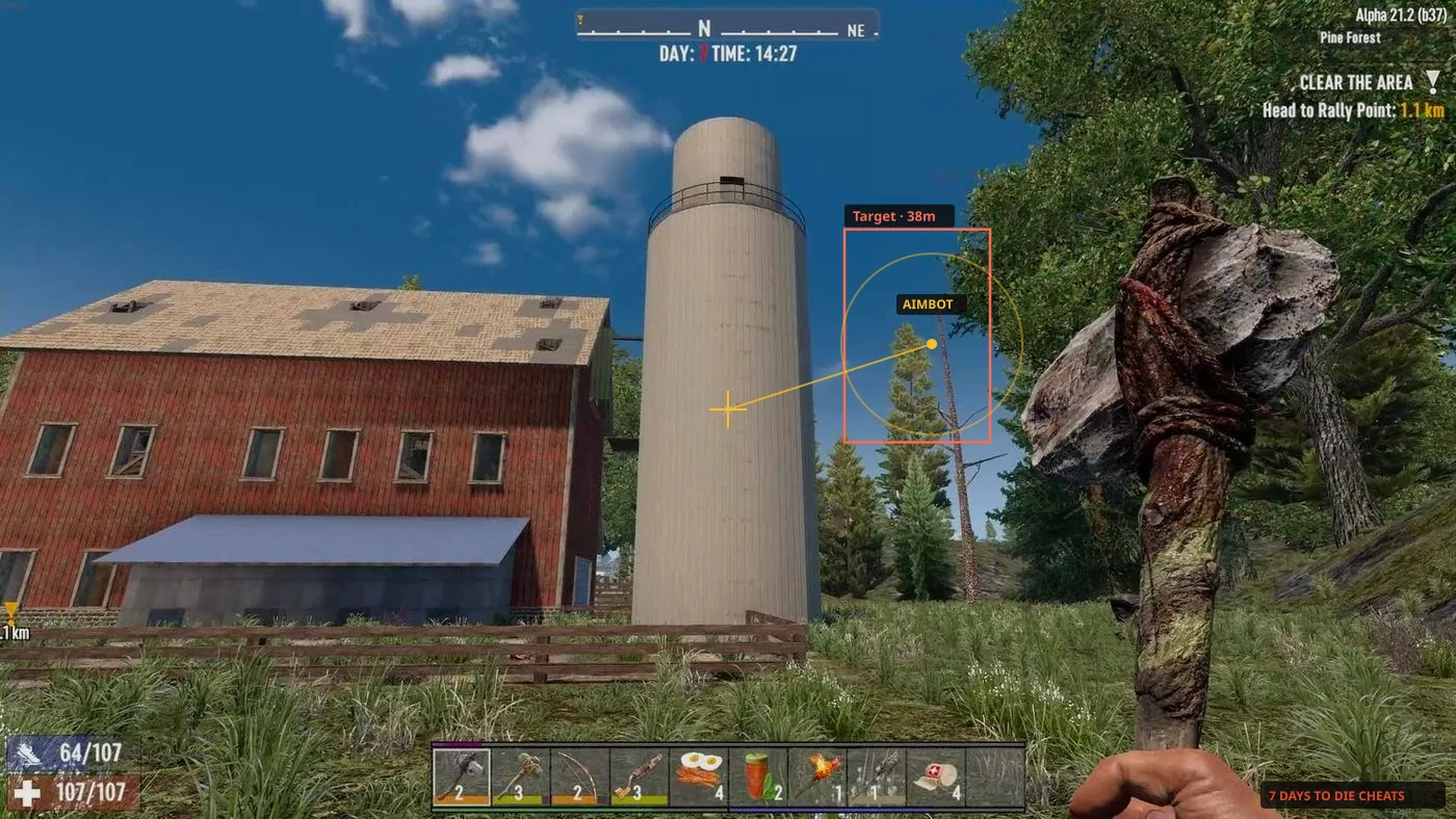 Zombie ESP boxes over a 7 Days to Die street at dusk