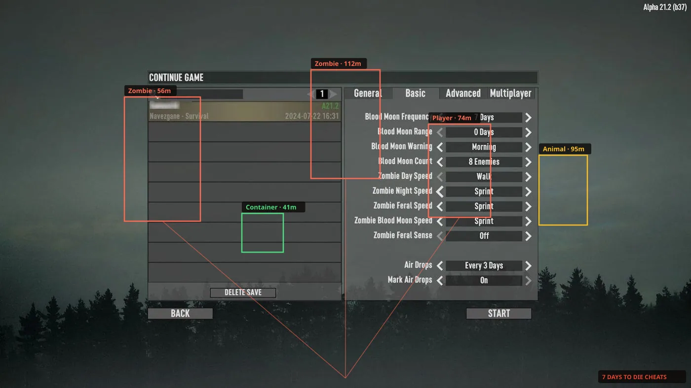 7 Days to Die creative menu compared with a cheat overlay