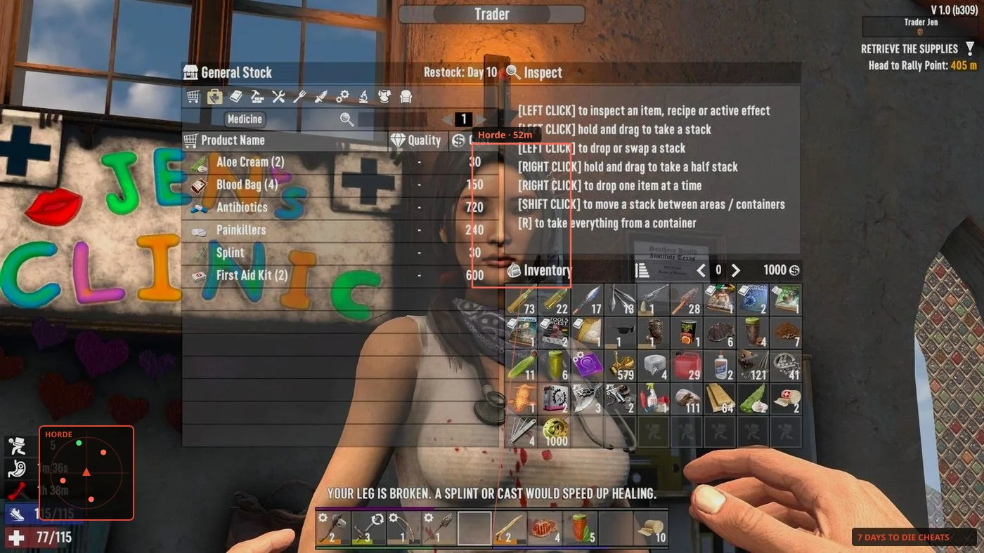 7 Days to Die F1 console window compared with overlay cheats